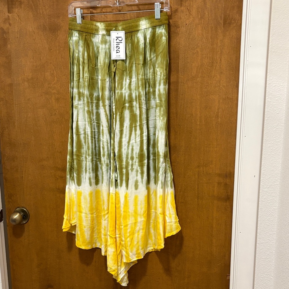 550. Rhea Olive Green and Yellow Tie-Dye Flowing pants